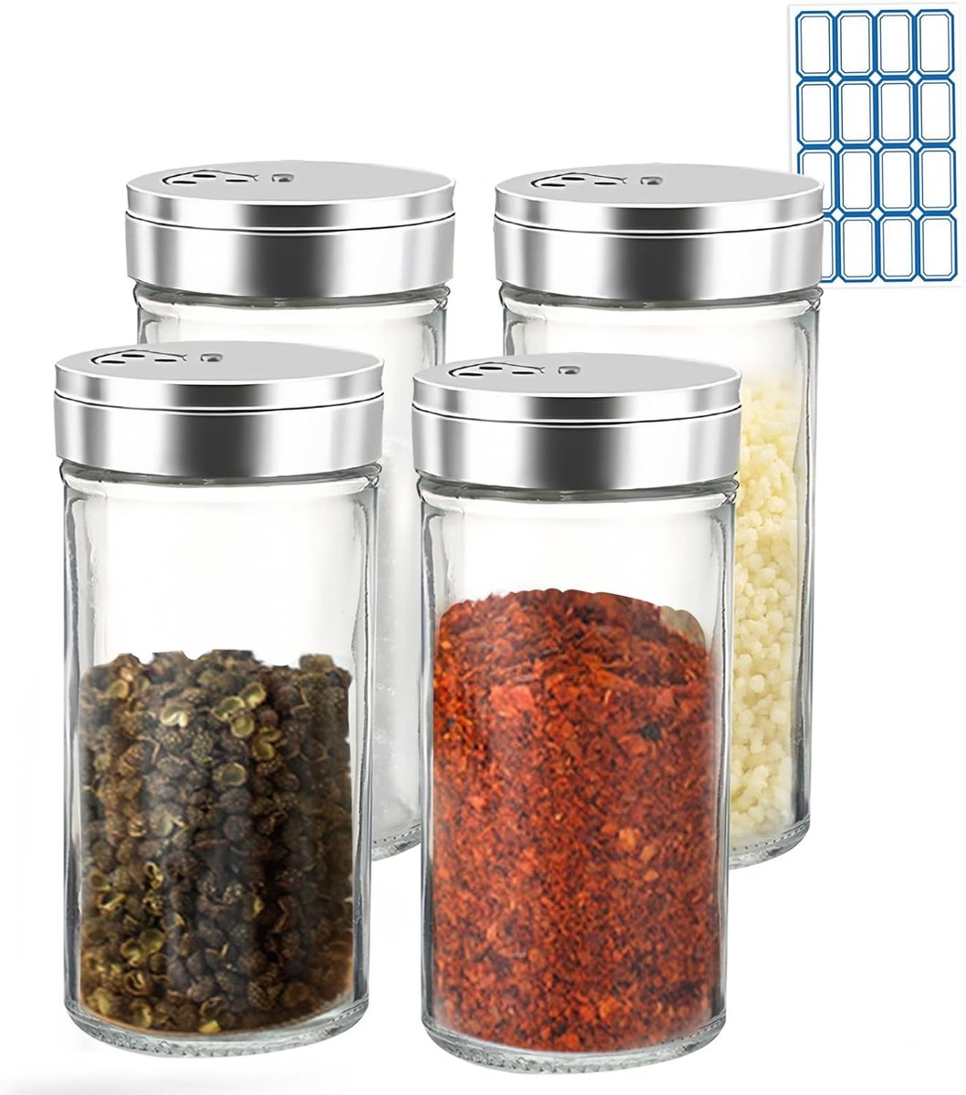 4pcs Salt & Pepper Shaker Set with Adjustable Pouring Holes, Salt Shakers Glass with Stainless Steel Lids, White Black - ShopVlot