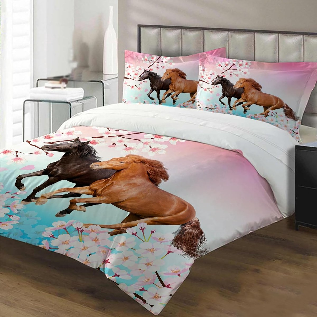 Horse 3D Print Bedding Set, Children's Bedding Set with Animals 3 Pieces, Microfibre Duvet Cover Set with Zip and - ShopVlot