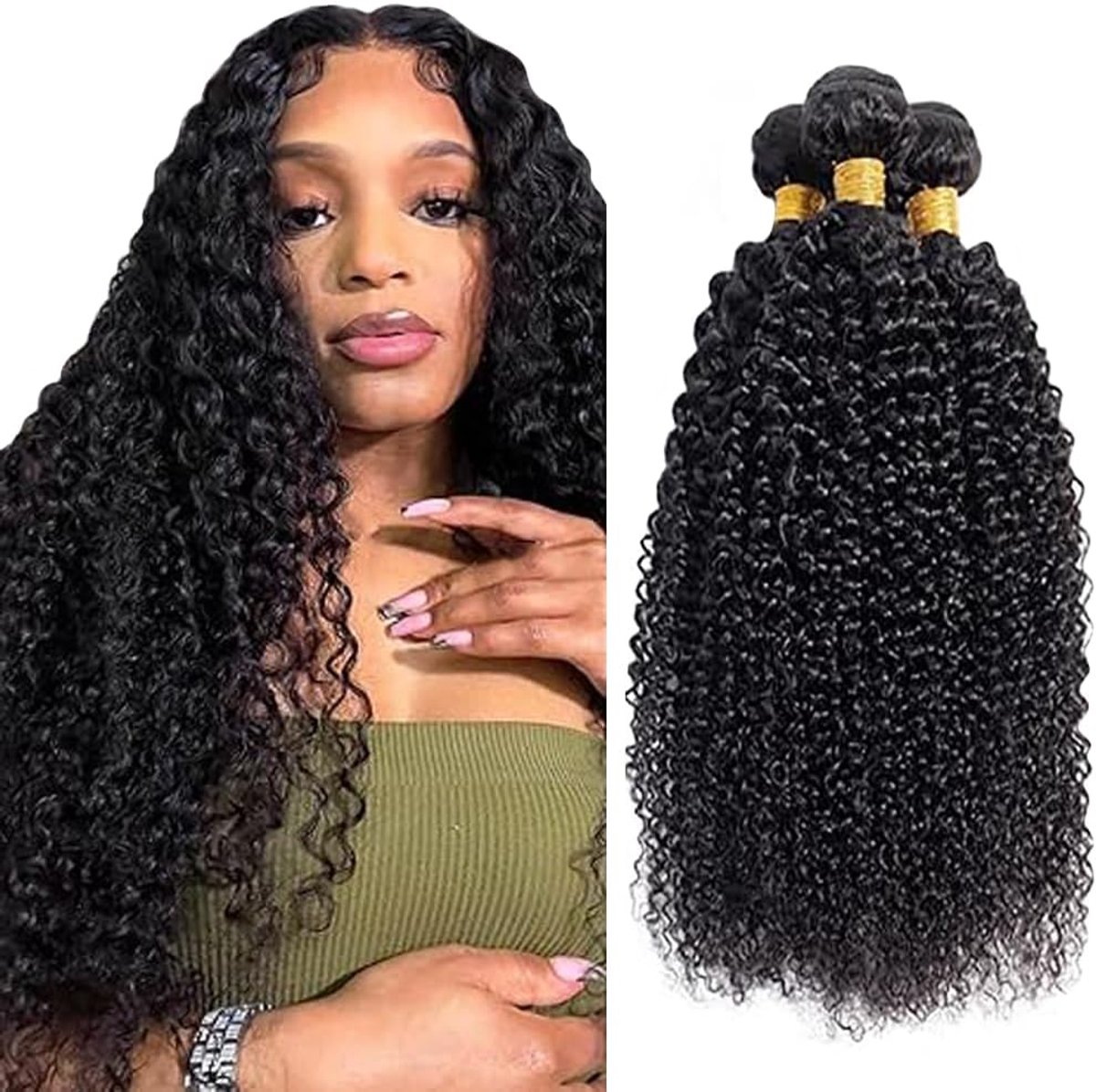Human Hair Bundles 1B Natural Black Double Drown Extensions Either Hair Kinky Curly Hair Extensions Unprocessed - ShopVlot