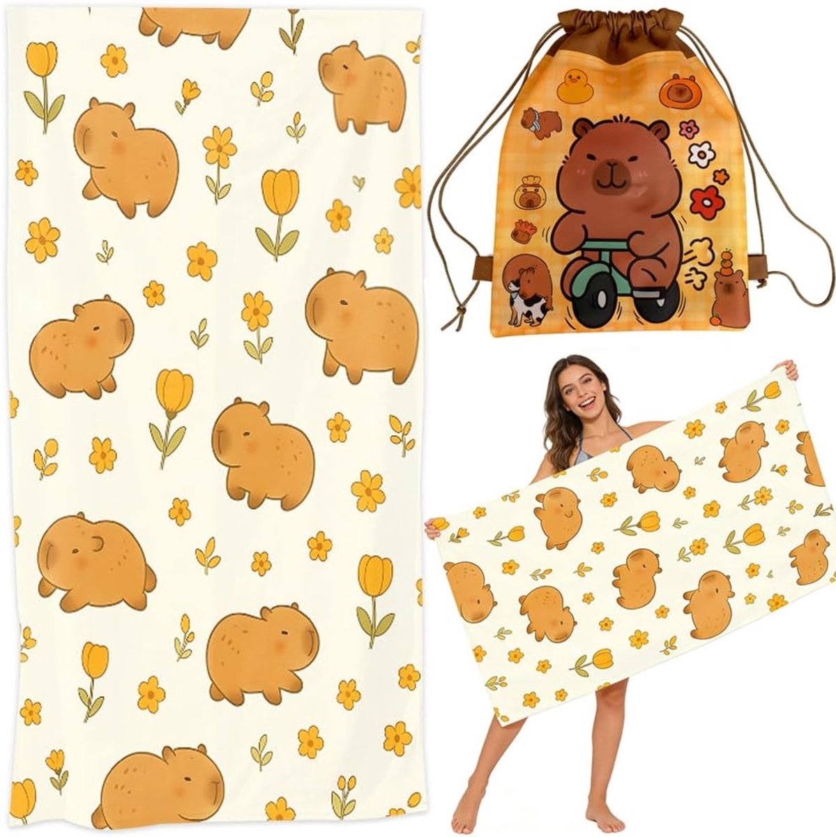Capybara Beach Towel+Bags, Microfiber Towel Light Bath Towel Sauna Towel Soft Beach Towels Quick Dry Shower Towels - ShopVlot