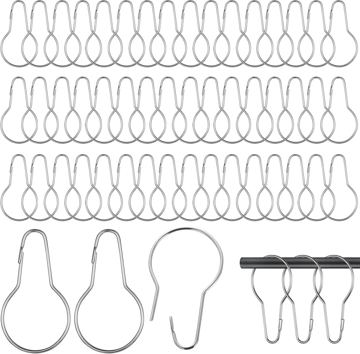 50pcs Metal Shower Curtain Hooks, Silver Stainless Steel Shower Curtain Rings, Hooks for Bathroom, Curtains, Rods - ShopVlot