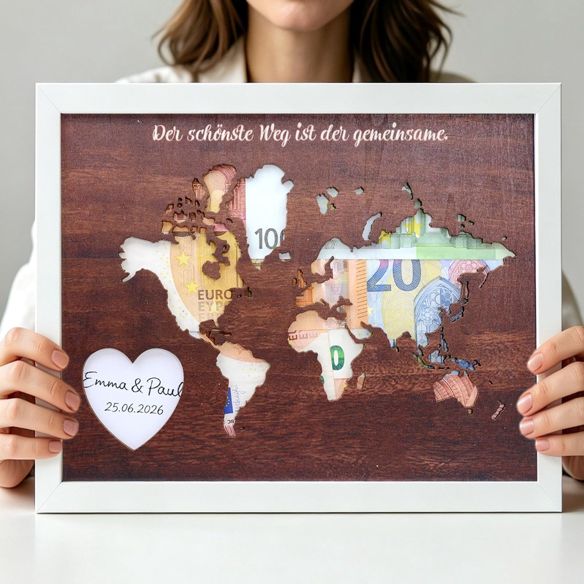 Solidchoice - Houten Geldcadeau voor Bruiloften met Wereldkaart Motief