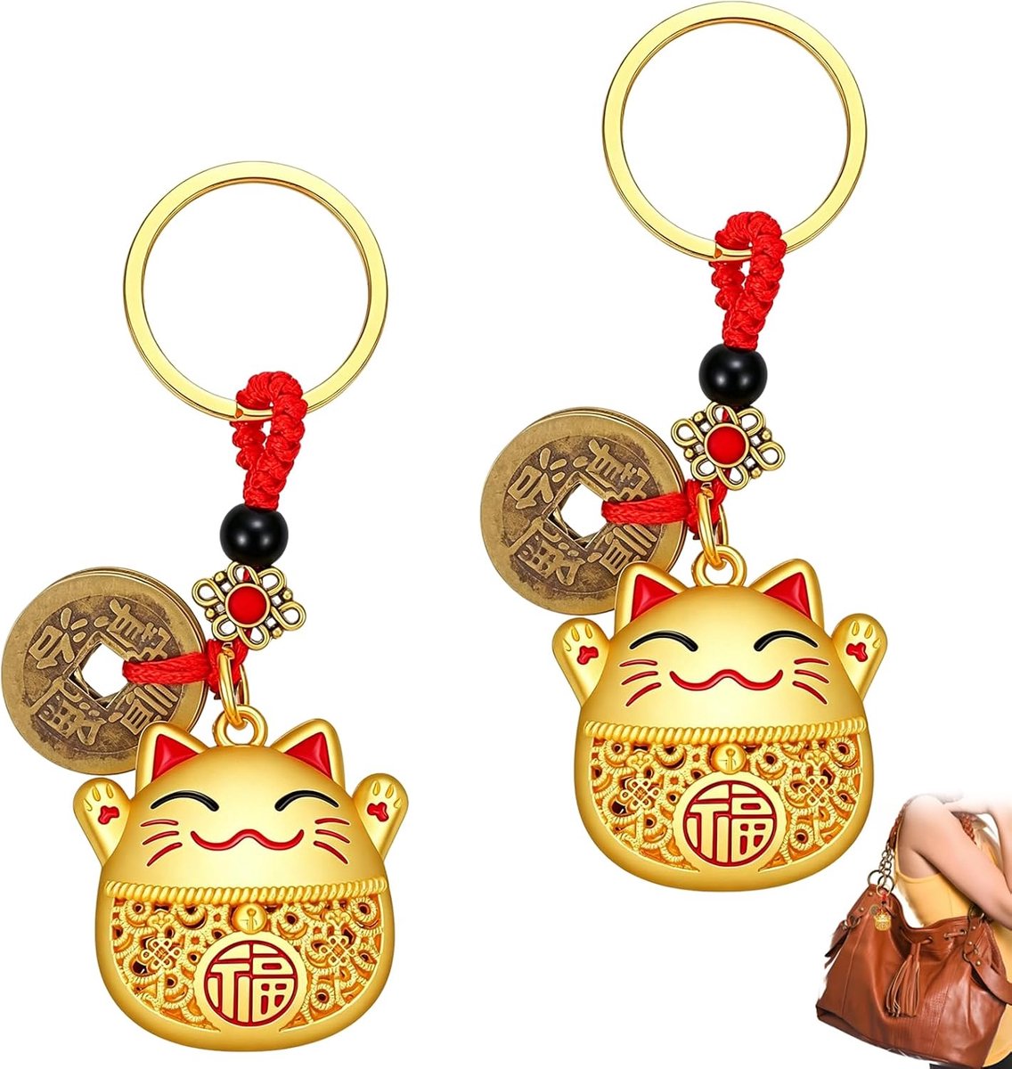 Japanse Gelukskatze Set van 2 - Luxe Houten Behangdecoratie - Vijf Keizermunten - Voor Welvaart en Succes - ShopVlot