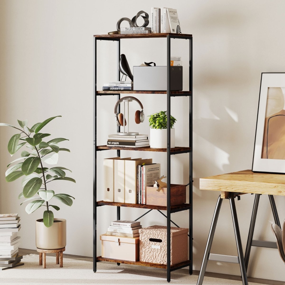 Boekenkast Open 5-Laags, 79 x 35 x 161 cm, Metaal Met Melamine Oppervlak, Rustiek Bruin, Industrieel Opbergrek Voor Woonkamer Of Kantoor