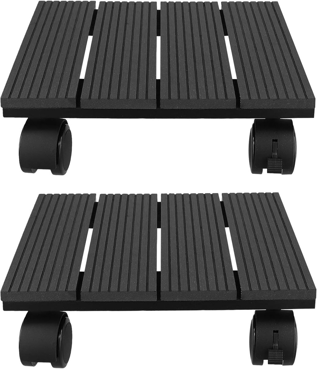 Pack of 2 Plant Rollers Square 30 x 30 x 7.5 cm Black Plant Roller Weatherproof Flower Pot Coaster with Wheels for - ShopVlot