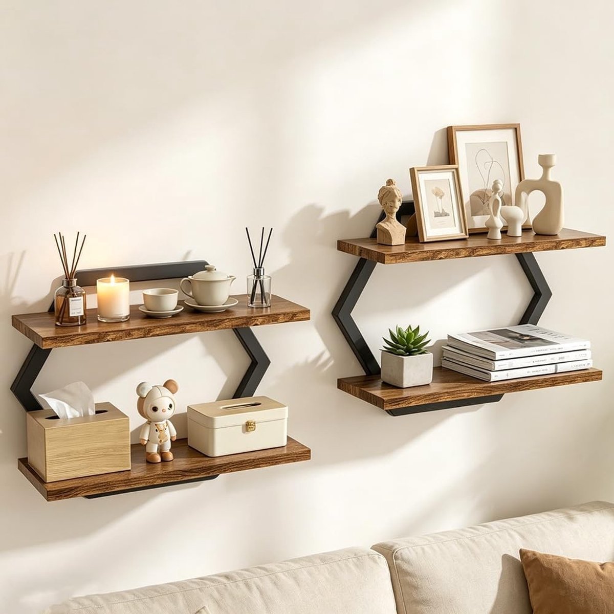 Set van 2 zwevende wandplanken, multifunctionele opbergplanken voor woonkamer, slaapkamer en kantoor, zwart