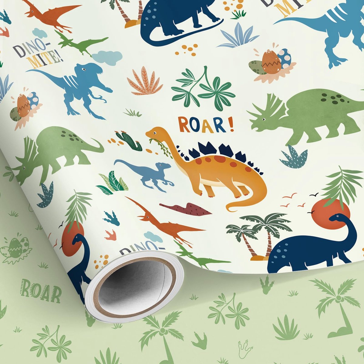 Dinosaurus inpakpapier rol 43 cm x 10 m - omkeerbare palmboom cadeauverpakking - ideaal voor verjaardagen - ShopVlot