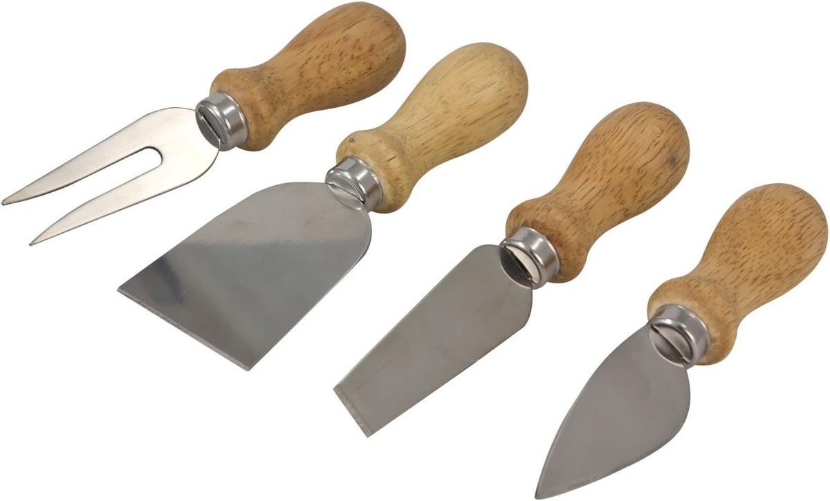 Set of 4 cheese knives with cheese pad, soft cheese, knife, hard cheese and cheese fork with wooden handle - ShopVlot