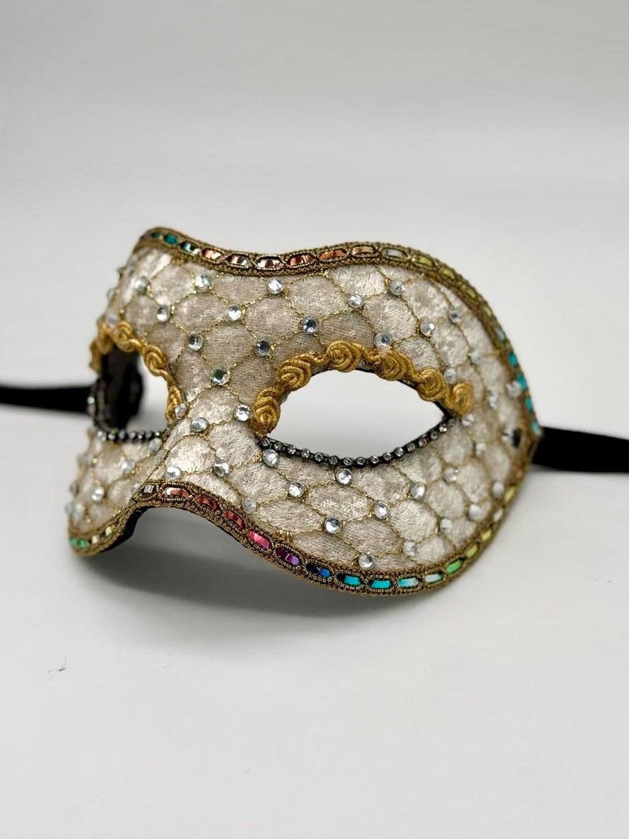 Venetian masquerade ball mask covered with white velvet, gold and rhinestones. - ShopVlot