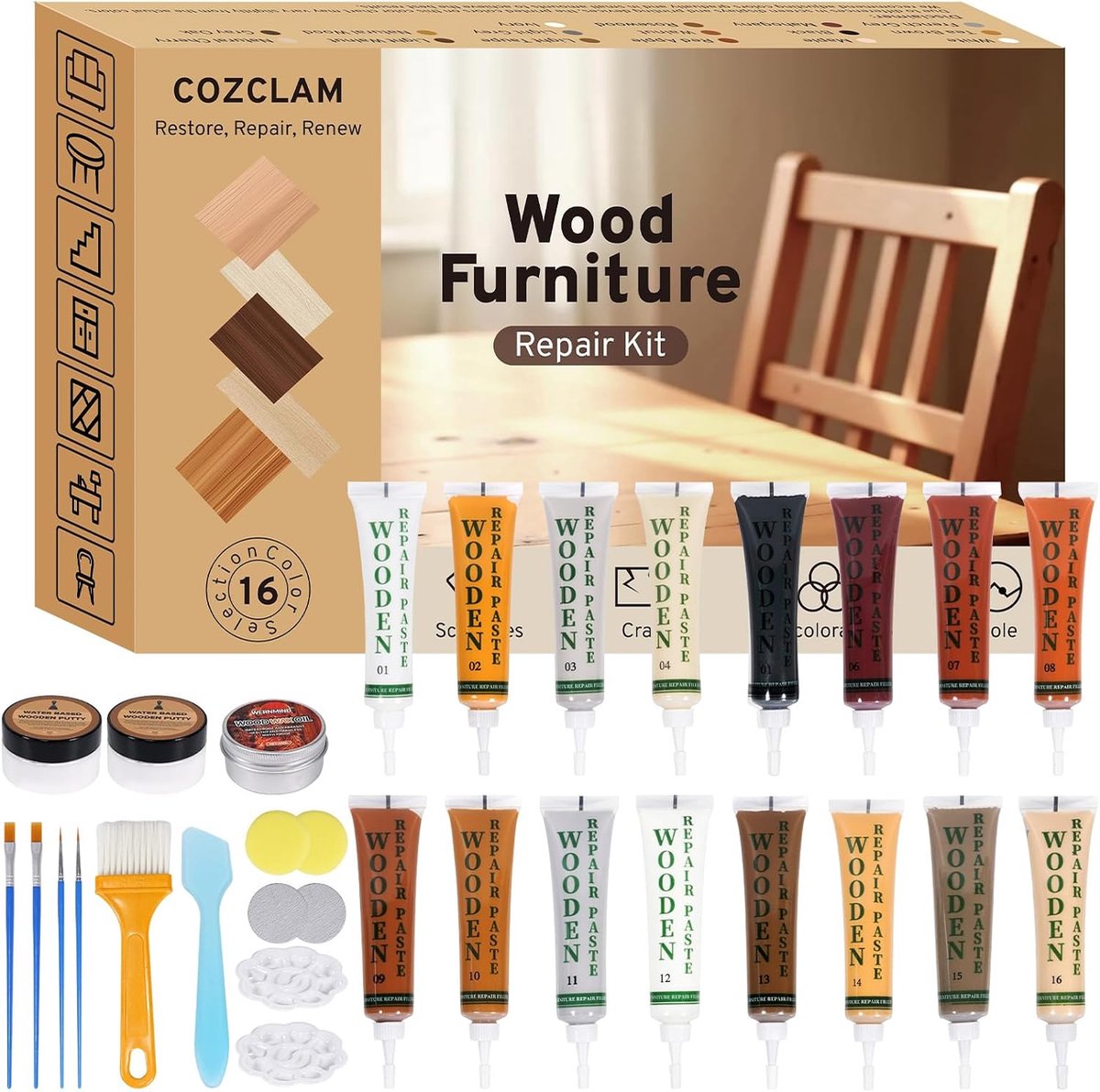 COZCLAM Laminate Repair Kit, 16 Colours, Wood Kit with 2 Fillings and Beeswax, Furniture Parquet Repair Kit for - ShopVlot