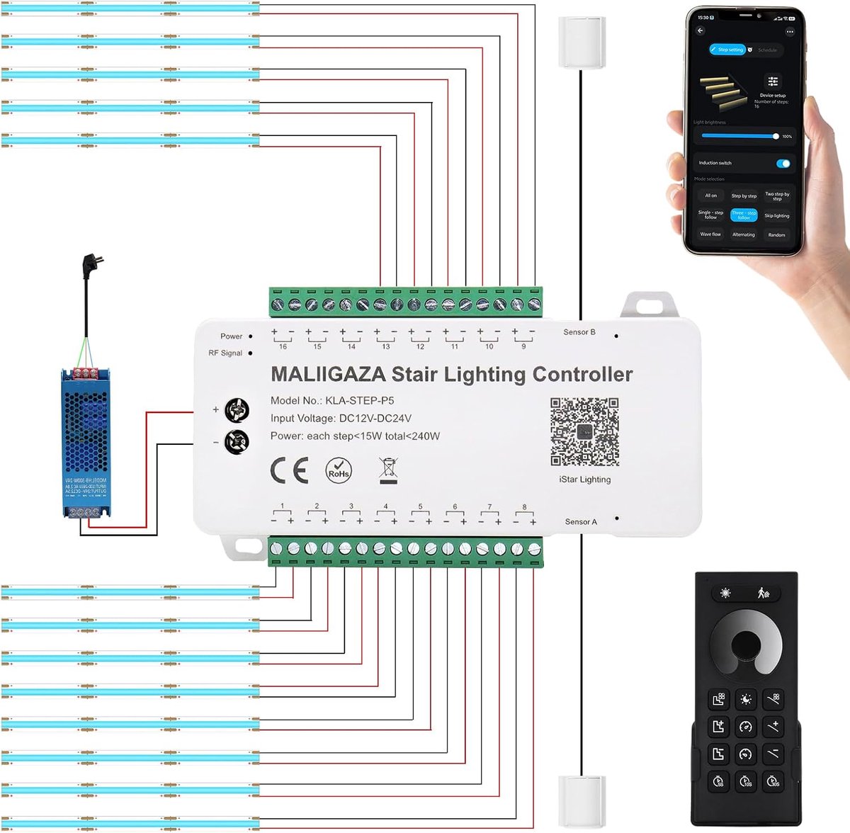 Intelligent Stair Light, 13 Steps, Cold White, 6000 K, Motion Sensor, Stair Light with App and RF Remote Control - ShopVlot