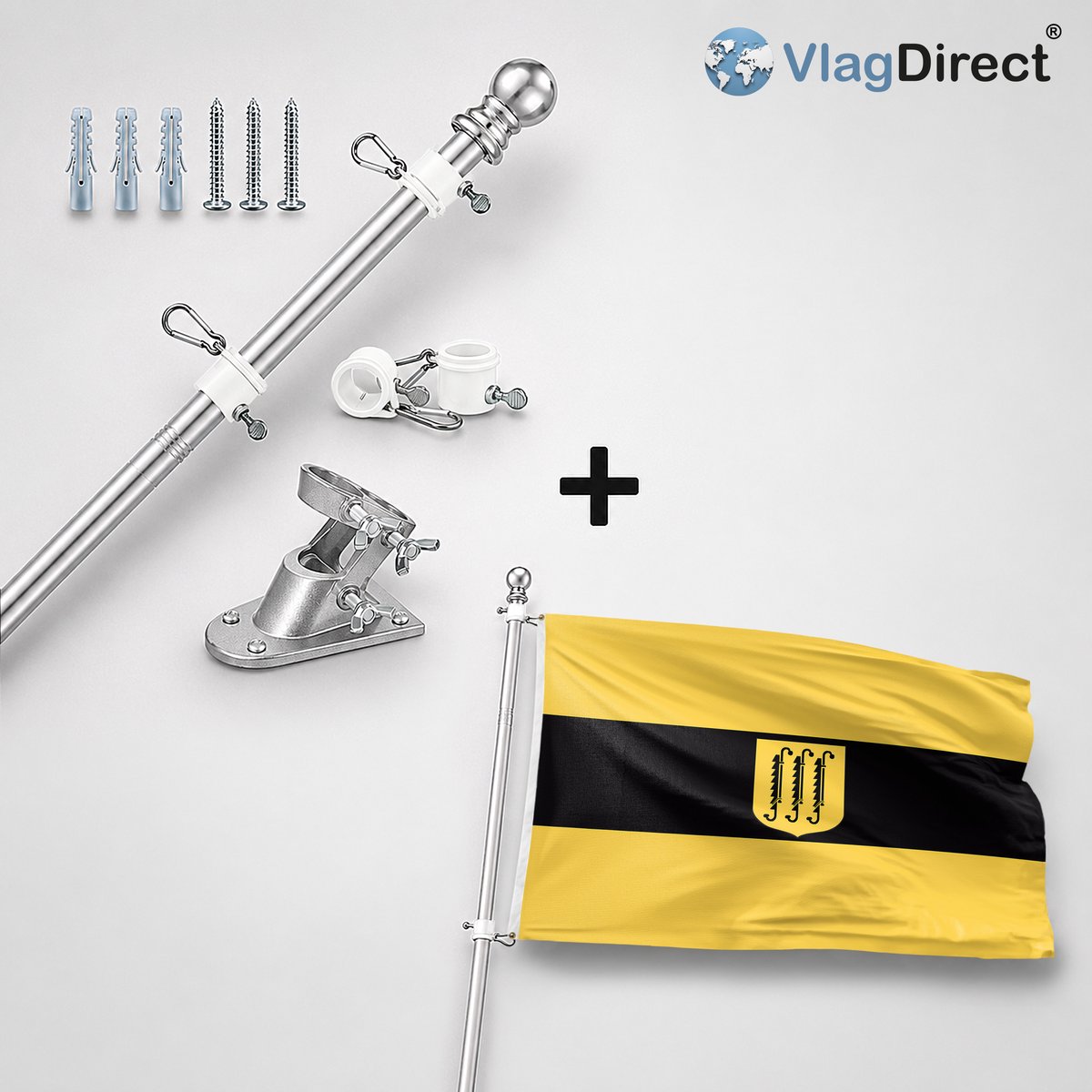 VlagDirect - Compleet vlaggenpakket - Zilveren vlaggenstok inclusief vlaggenstokhouder + Zwijndrecht vlag - Gemeente Zwijndrecht vlag - 90 x 150 cm.