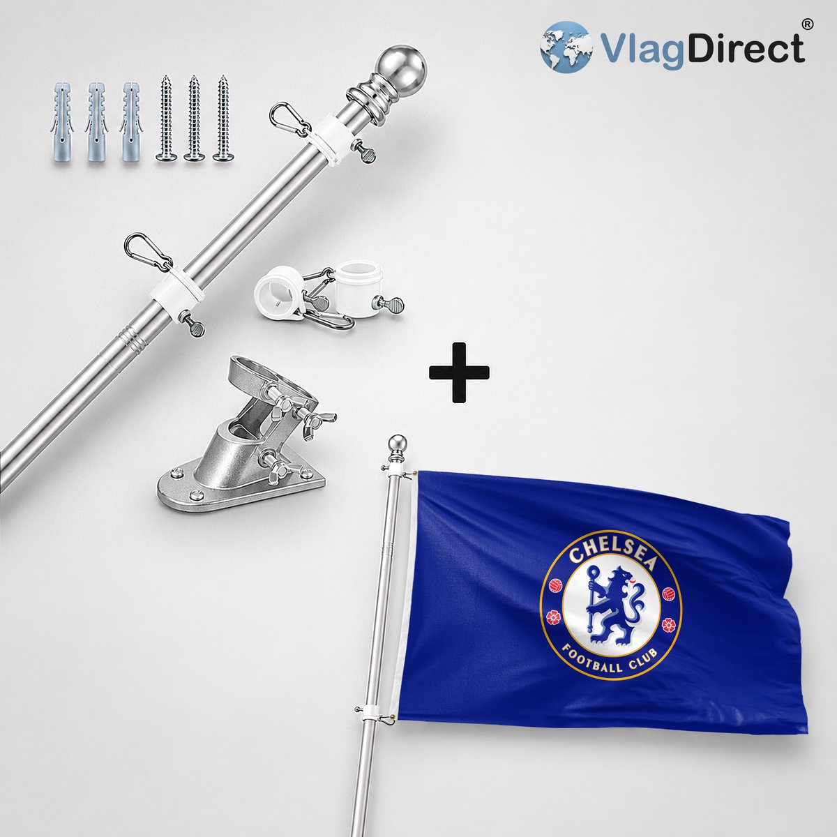 VlagDirect - Compleet vlaggenpakket - Zilveren vlaggenstok inclusief vlaggenstokhouder + Chelsea F.C. vlag - 90 x 150 cm.