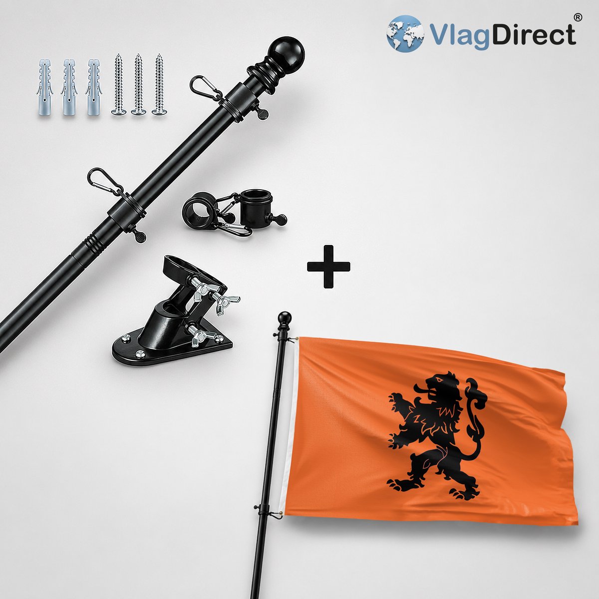 VlagDirect - Compleet vlaggenpakket - Zwarte vlaggenstok inclusief vlaggenstokhouder + Oranje Leeuw vlag - Oranje voetbal vlag - Nederlands Elftal vlag - Hollandse leeuw vlag - 90 x 150 cm.