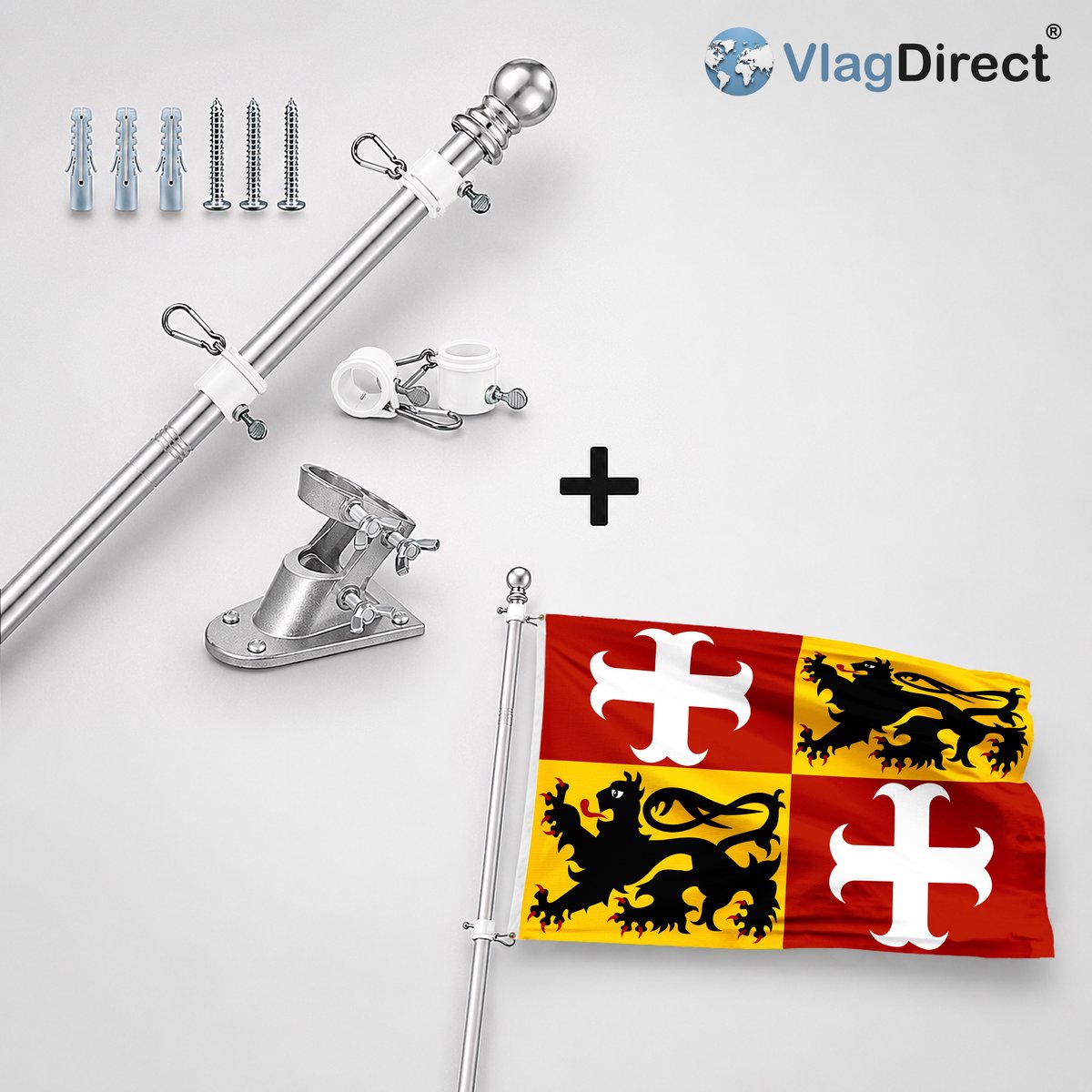 VlagDirect - Compleet vlaggenpakket - Zilveren vlaggenstok inclusief vlaggenstokhouder + Aalterse vlag - Gemeente Aalter vlag - 90 x 150 cm.