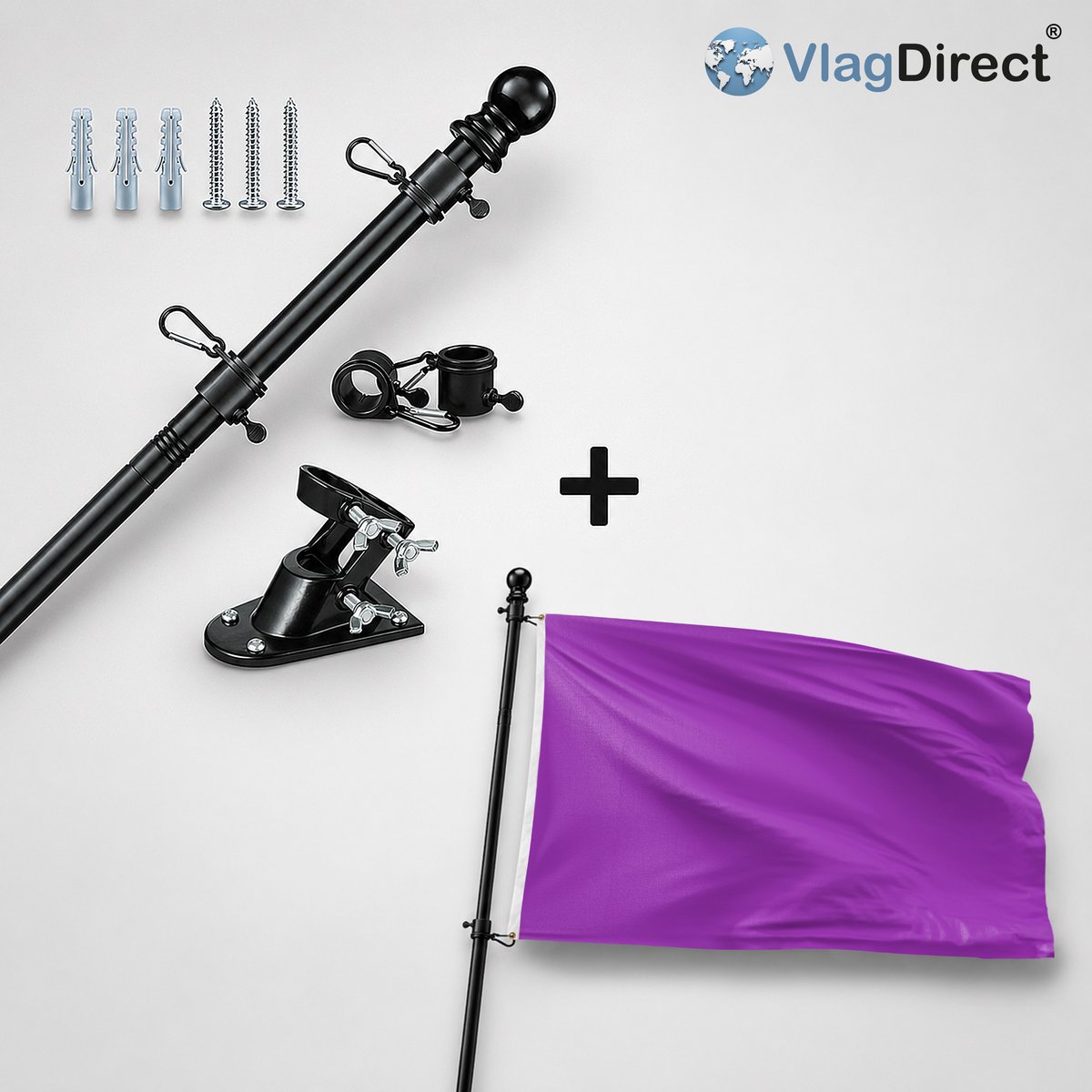 VlagDirect - Compleet vlaggenpakket - Zwarte vlaggenstok inclusief vlaggenstokhouder + Paarse vlag - Paarse thema vlag - 90 x 150 cm.