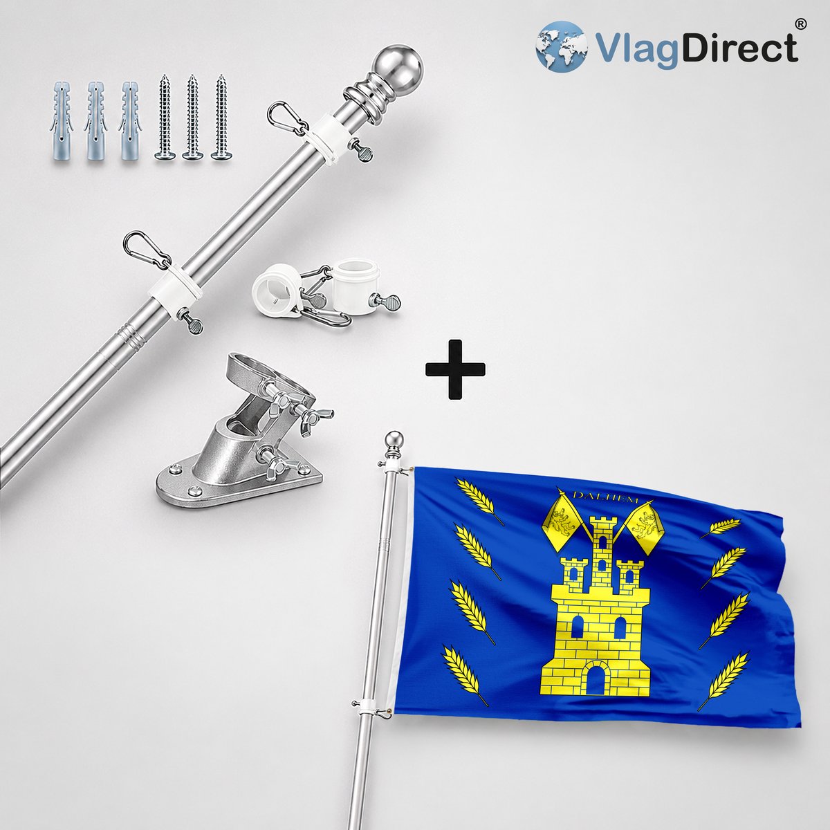 VlagDirect - Compleet vlaggenpakket - Zilveren vlaggenstok inclusief vlaggenstokhouder + Gemeente Dalhem vlag - 90 x 150 cm.