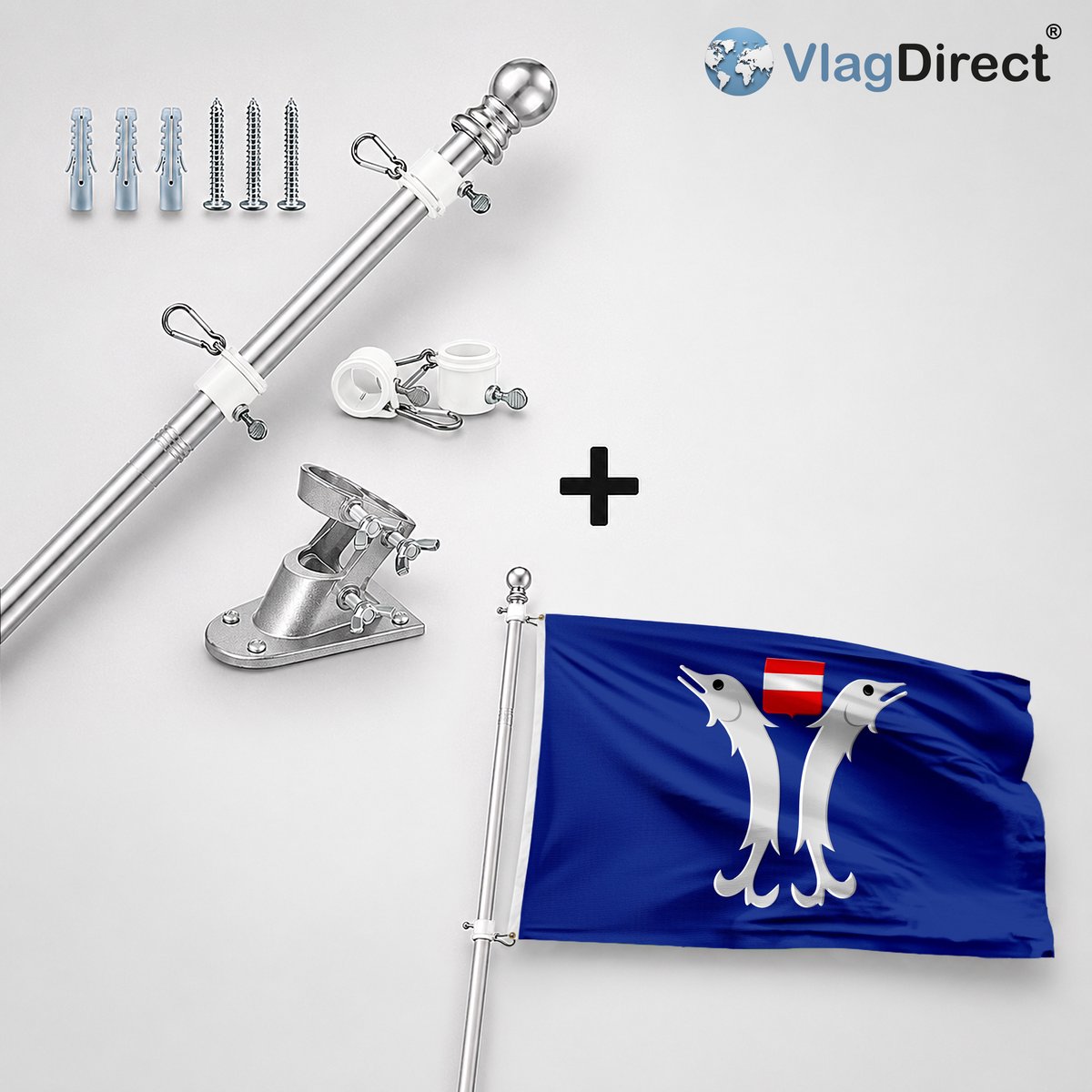 VlagDirect - Compleet vlaggenpakket - Zilveren vlaggenstok inclusief vlaggenstokhouder + Gemeente Doische vlag - 90 x 150 cm.