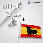 Zilverkleurige vlaggenstok, houder, pluggen, schroeven en een Spaanse vlag met een zwarte stier op een gele en rode achtergrond.