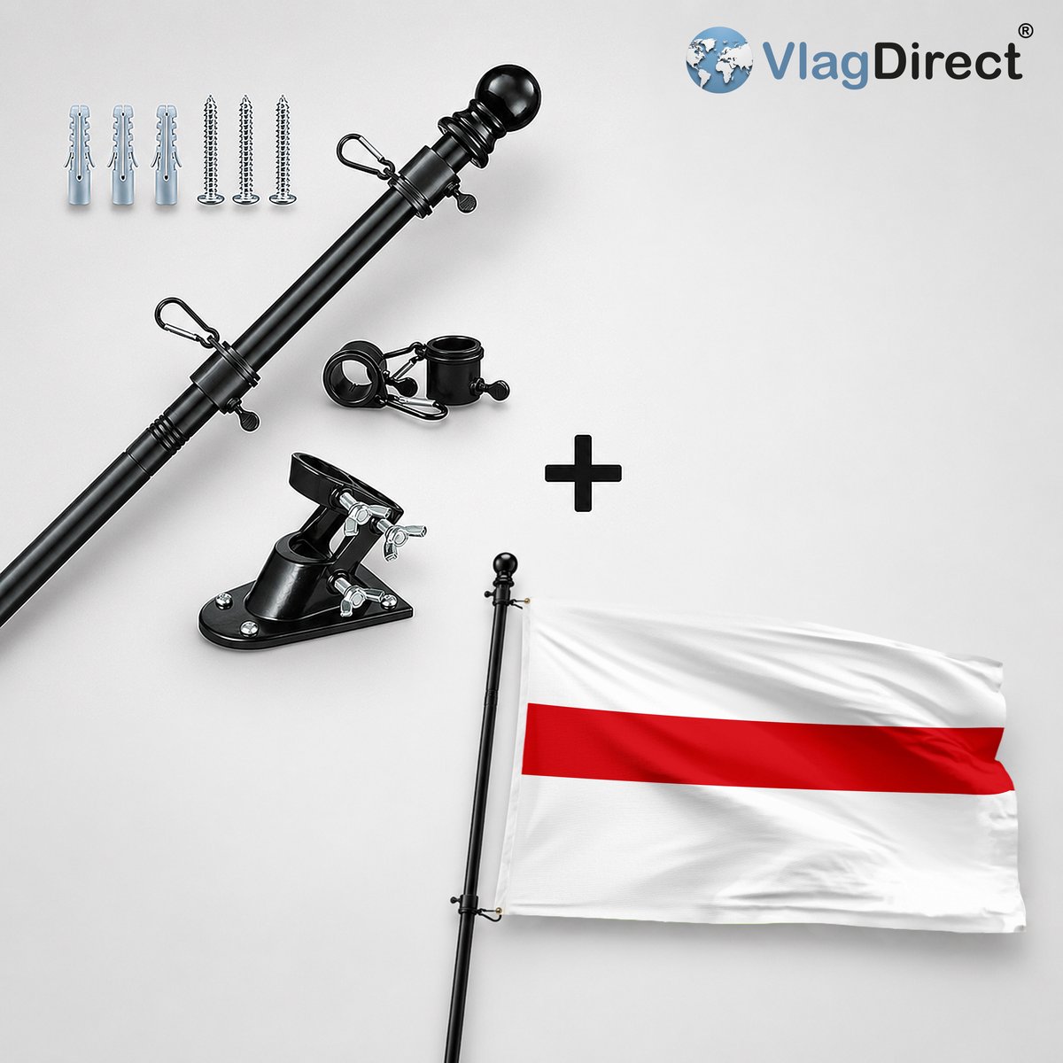 VlagDirect - Compleet vlaggenpakket - Zwarte vlaggenstok inclusief vlaggenstokhouder + Dendermondse vlag - Gemeente Dendermonde vlag - 90 x 150 cm.