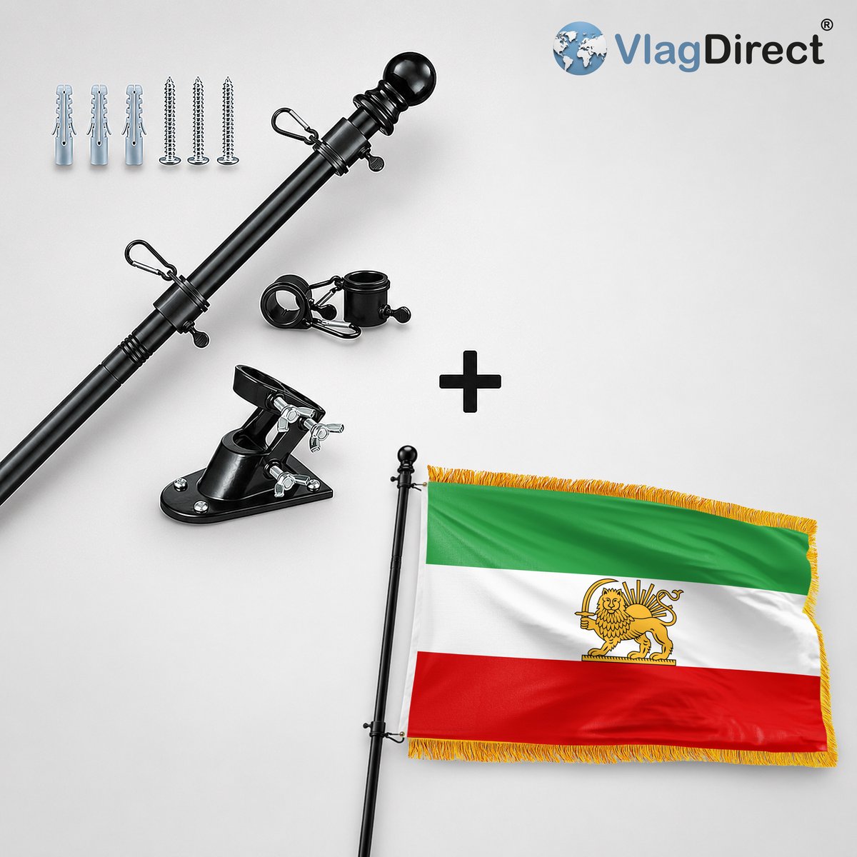 VlagDirect - Compleet vlaggenpakket - Zwarte vlaggenstok inclusief vlaggenstokhouder + Luxe Perzische vlag - Luxe Perzisch Iran vlag - 90 x 150 cm - Franjes.