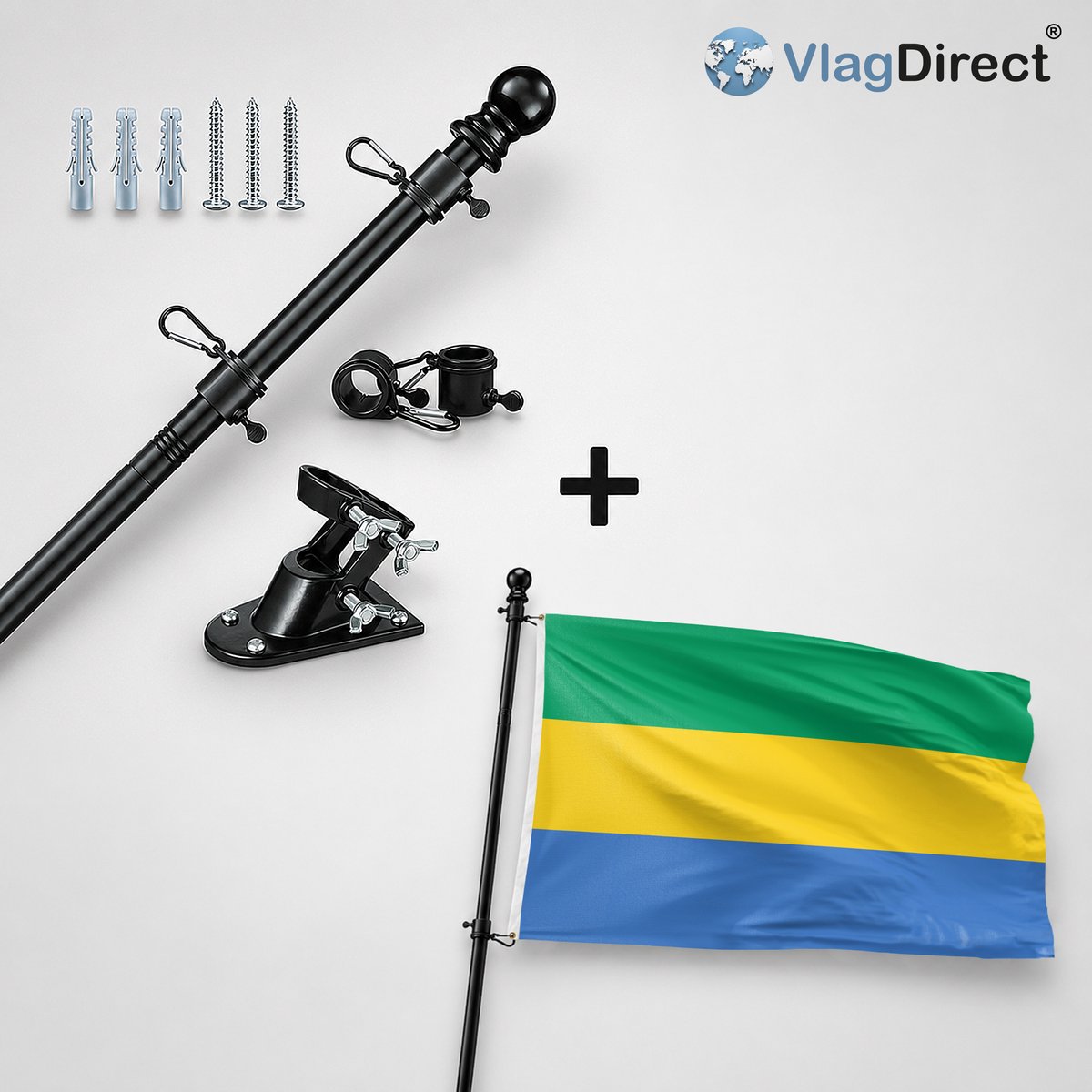 VlagDirect - Compleet vlaggenpakket - Zwarte vlaggenstok inclusief vlaggenstokhouder + Gabonese vlag - Gabon vlag - 90 x 150 cm