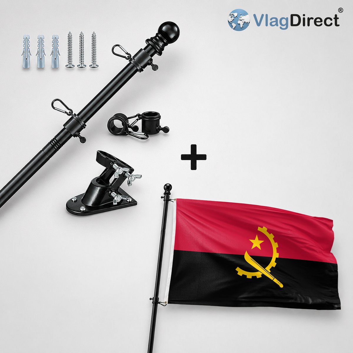 VlagDirect - Compleet vlaggenpakket - Zwarte vlaggenstok inclusief vlaggenstokhouder + Angolese vlag - Angola vlag - 90 x 150 cm.