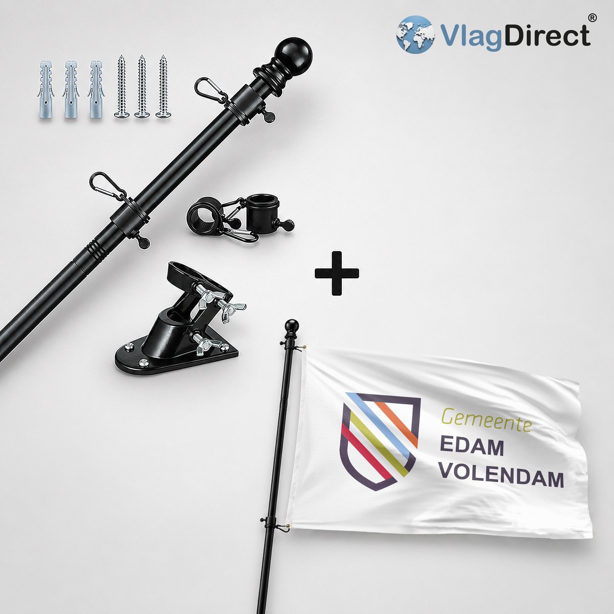 VlagDirect - Compleet vlaggenpakket - Zwarte vlaggenstok inclusief vlaggenstokhouder + Edam-Volendam vlag - Gemeente Edam-Volendam vlag - 90 x 150 cm.