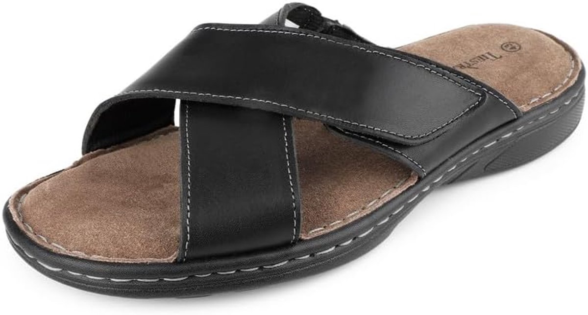TIESTRA Men's Leather Sandals Velcro Open Toe Soft Summer Leisure Non-Slip Rubber Sole Sea Beach Outdoor Brown Size - ShopVlot