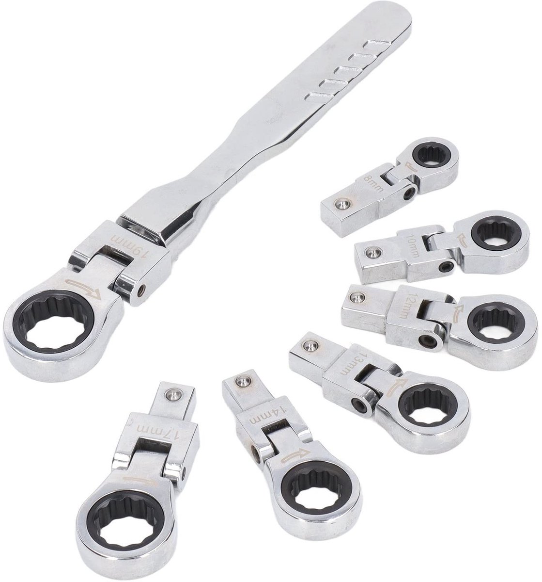 Dailygoods- Ratelsleutelset 8-delig - Flexibele Kop 180 Graden - Chroom-vanadiumstaal - Sleutelkoppen 8/10/12/13/14/17/19 mm - Voor Autoreparatie - Inclusief Handgreep - Sleutelset