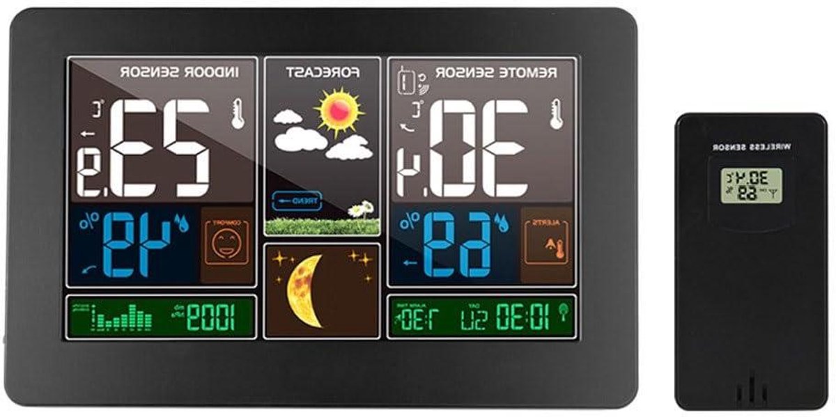 Weerstation Binnen Buiten - Weerindicator Thermometer - Weersvoorspelling Monitoren - Kleuren LCD Display - 100m Bereik - Wit