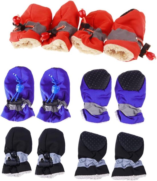 Sets hondenschoentjes in rood, blauw en zwart met reflecterende strepen, vetersluiting en zachte voering.