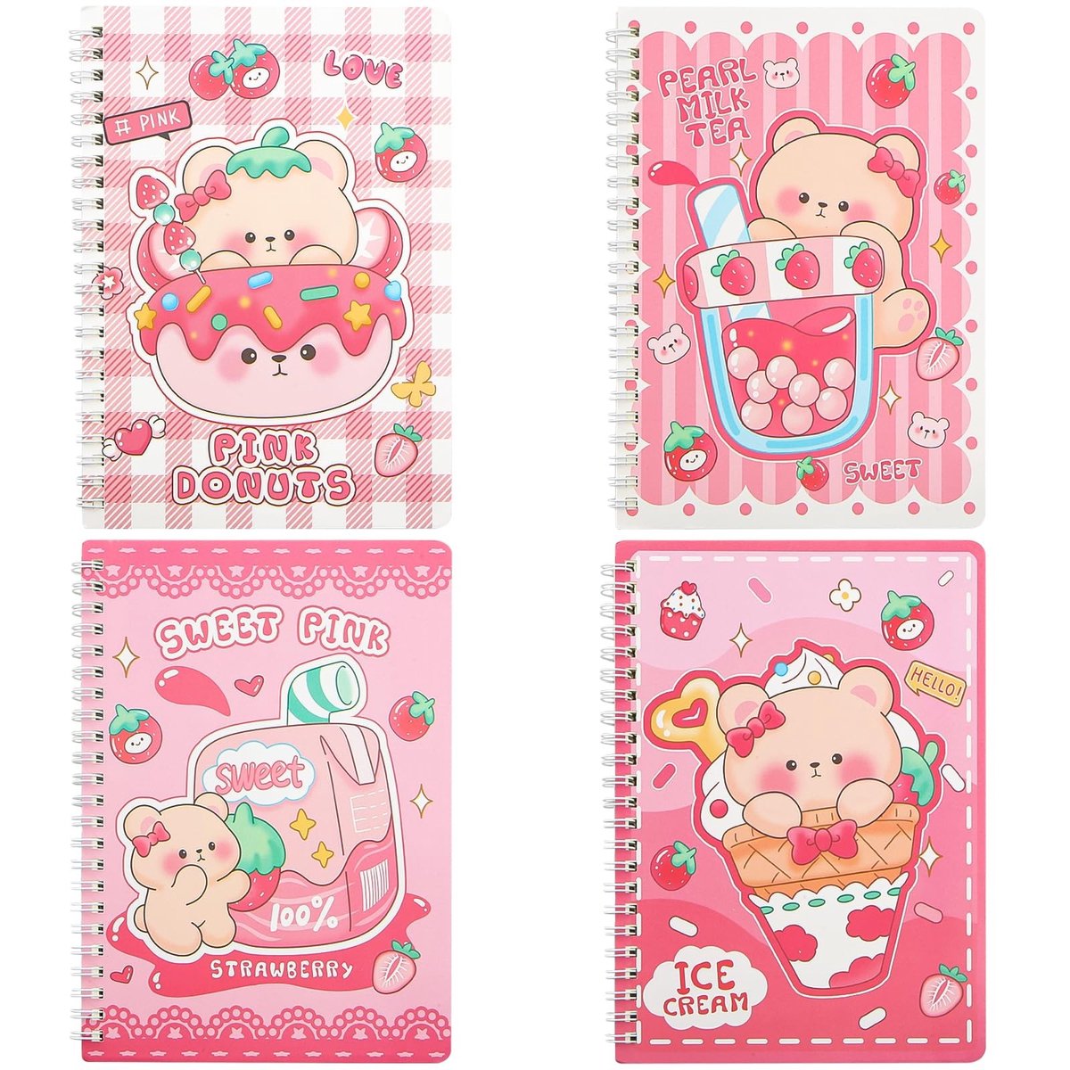 Dailygoods- Notitieboeken Set van 4 - Spiraalbinding - Roze Beer - Gelinieerd - Dagboek voor Vrouwen - Ideaal voor To-Do Lijsten - Notitieblok