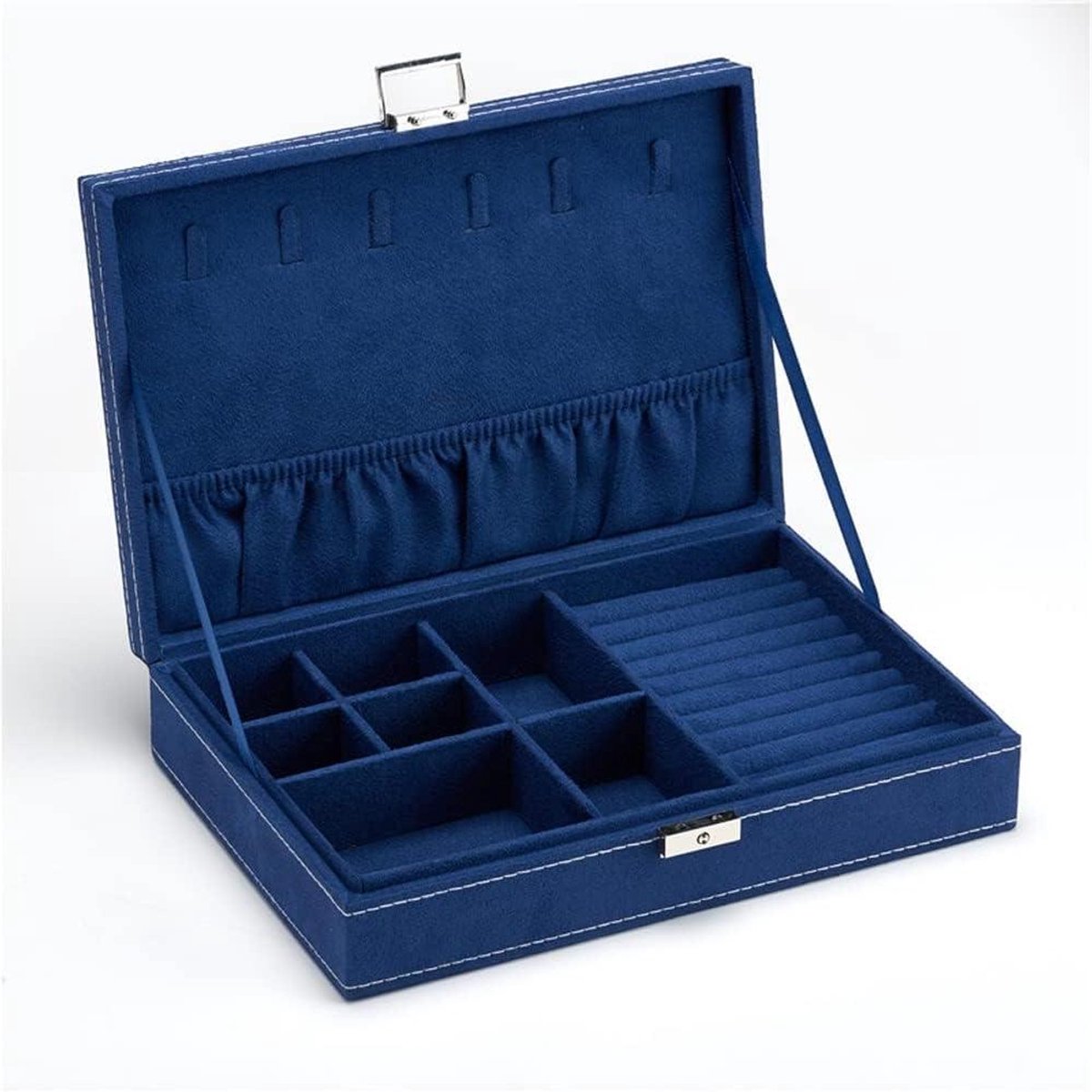 Juwelendoos Flanel - Sieraden Opberger - Sieraden Organiseren - Zachte Parelvoering - 27cm x 19cm x 6cm - Blauw