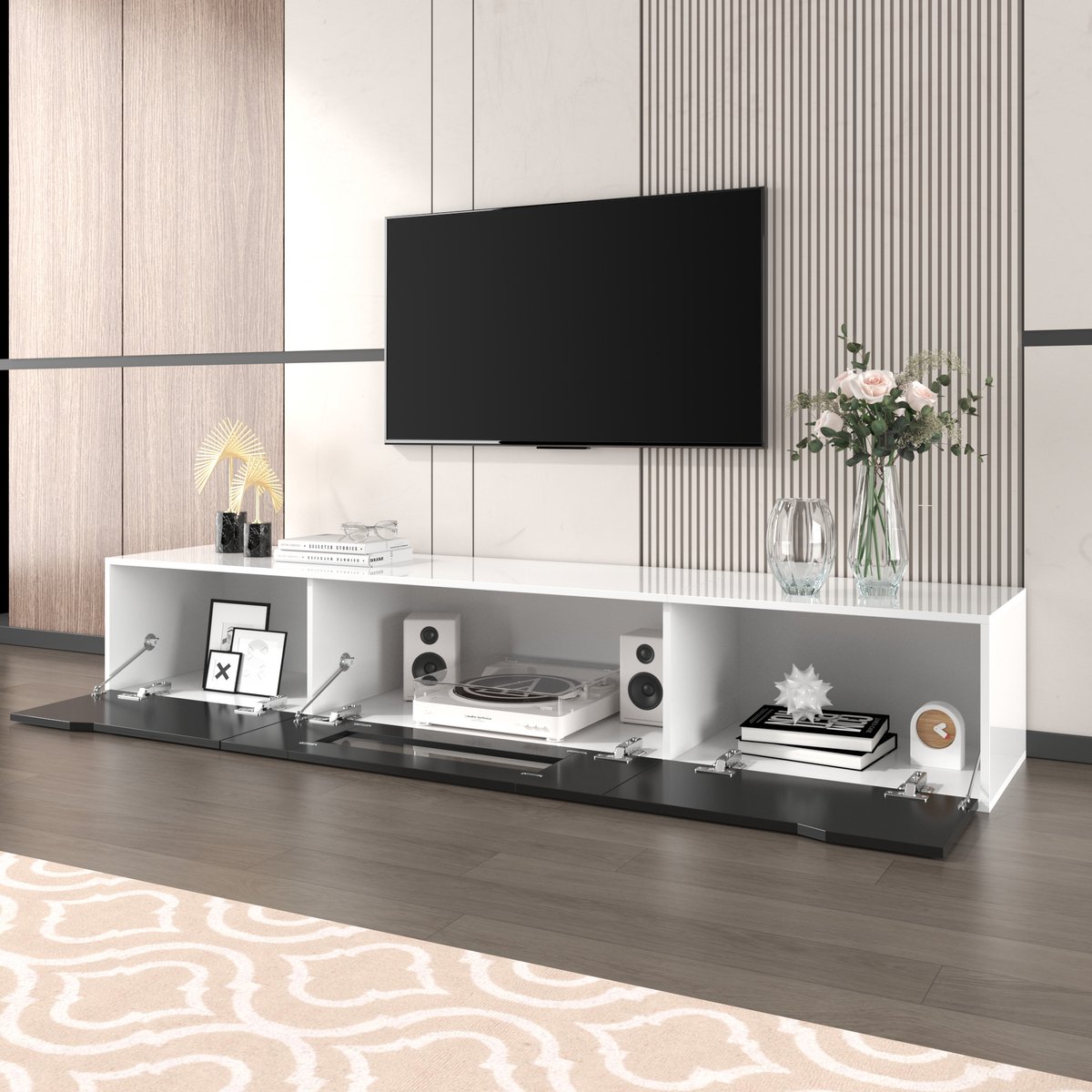 DESMIU Tv Meubel - Hoogglans Kast Met Ledverlichting En Geribbelde Deuren - Voor Woonkamer En Mediahoek - Spaanplaat - 180x35x30 Cm - Wit