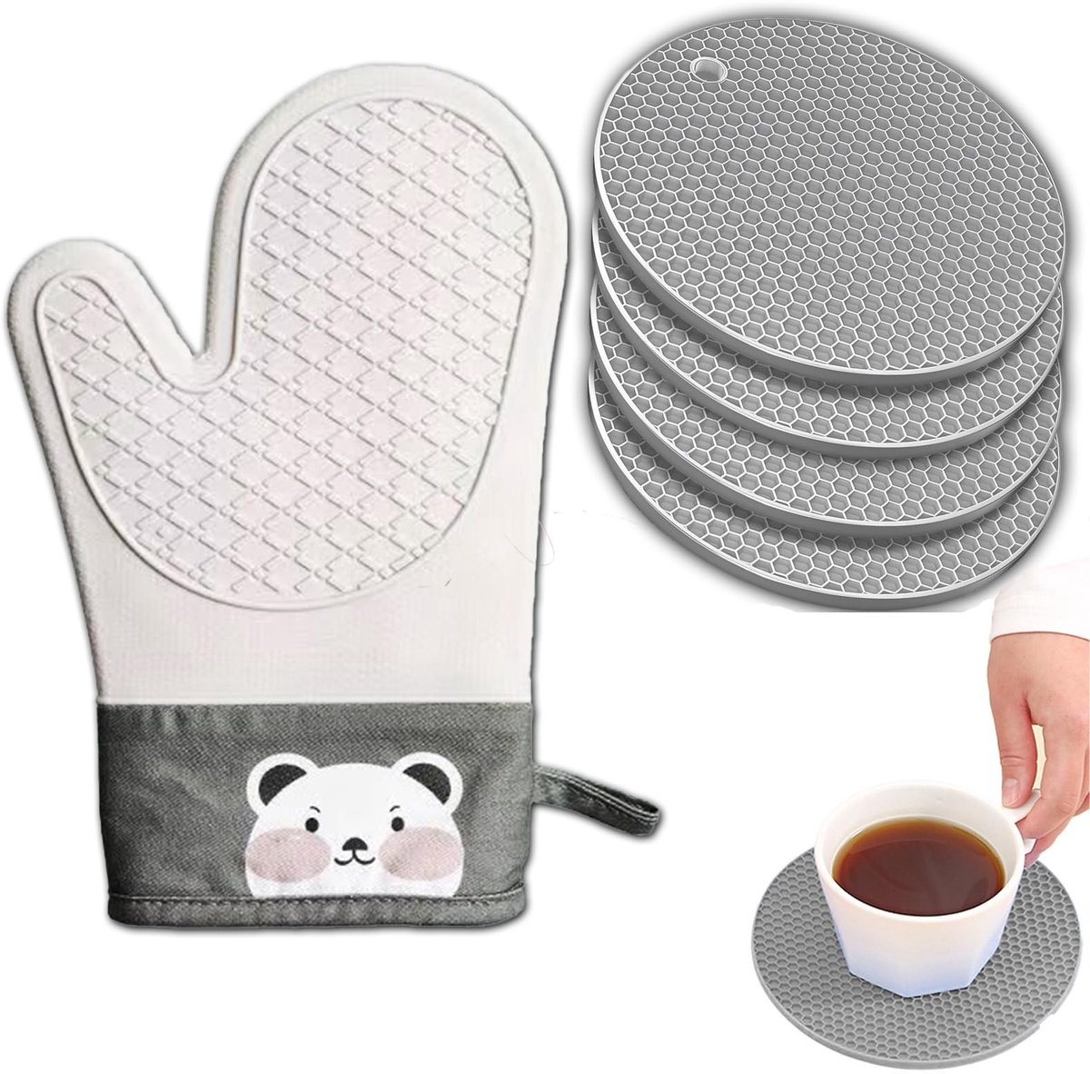 Dailygoods- Ovenwant Hittebestendig - Pannenlap Handschoen - Onderzetters Siliconen - Kookhandschoenen - Set van 4 - Diameter 14,3 cm
