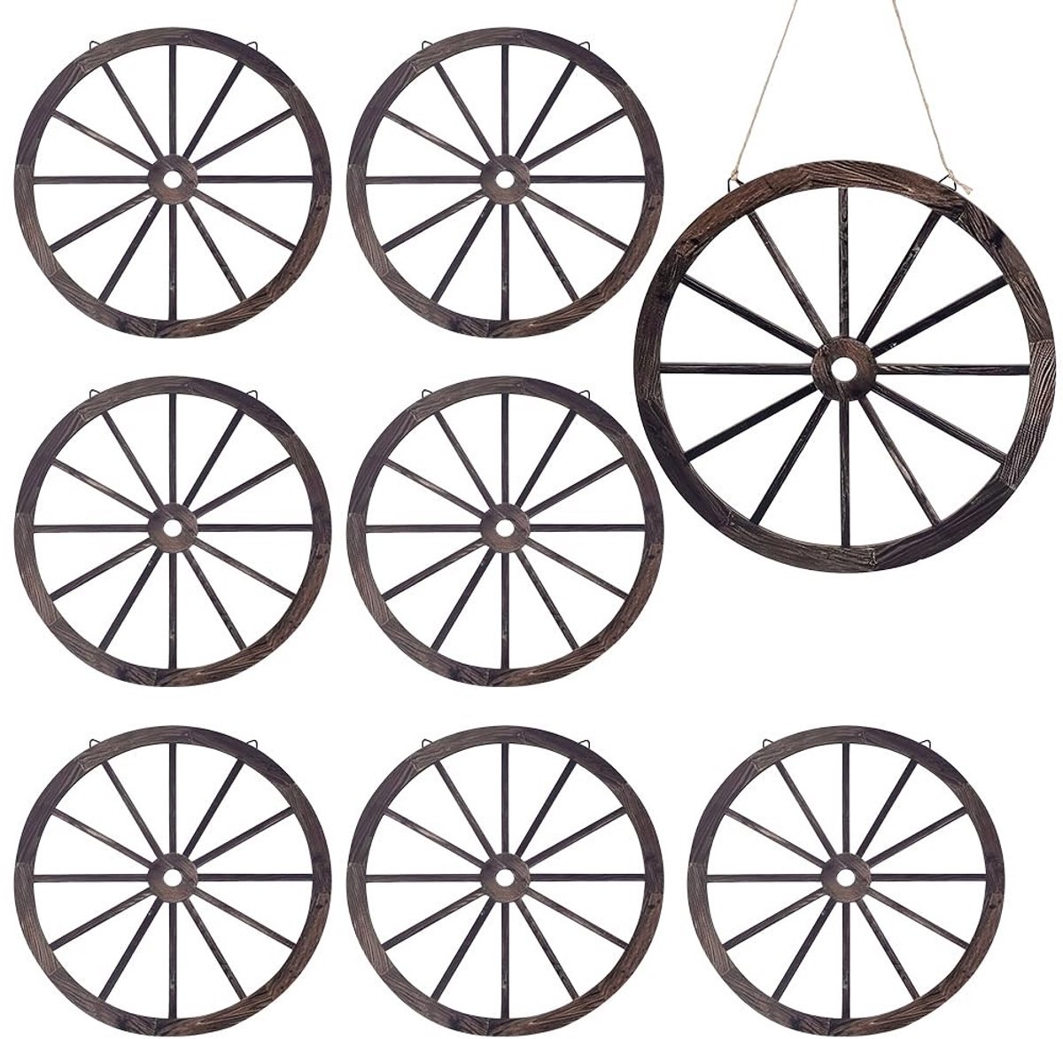 Dailygoods- Houten Wielen 30 cm - Set van 8 - Lichtgewicht Decoratie - Vintage Stijl - Geschikt voor Binnen/Buiten - Rustieke Wanddecoratie - Decoratieve Wielen