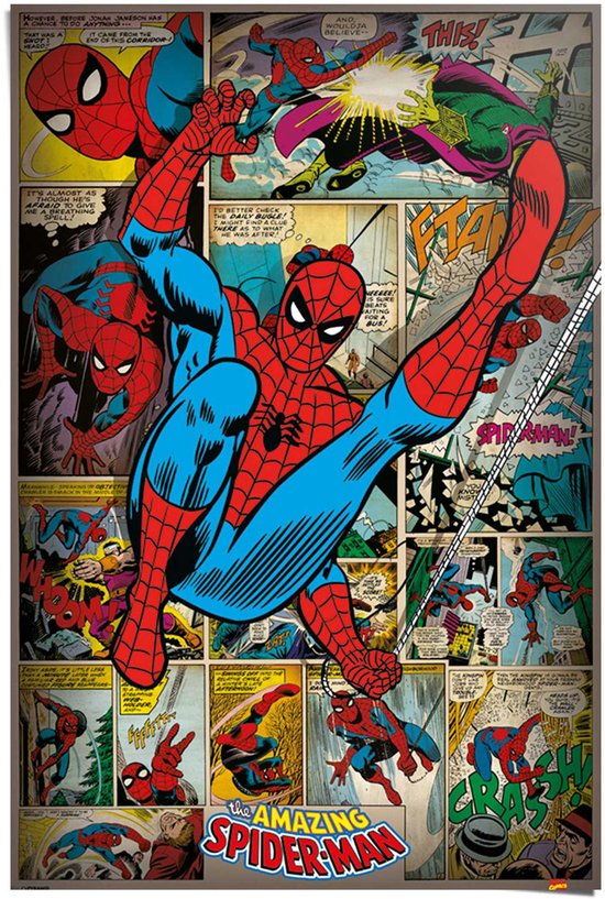 Retro poster van de Amazing Spider-Man, met Spider-Man die vecht tegen de Green Goblin, in een dynamische pose, met tekstballonnen.