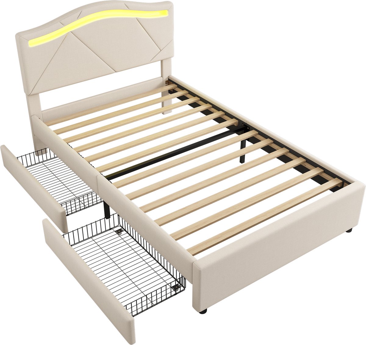 COVREO Bed 90x200 cm, beige, stof en MDF, LED, 2 lades, zonder matras