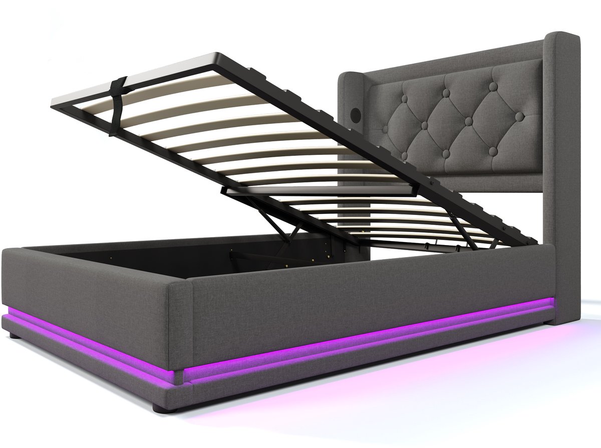COVREO Bedframe 90x200 cm grijs stof, opbergruimte, zonder matras