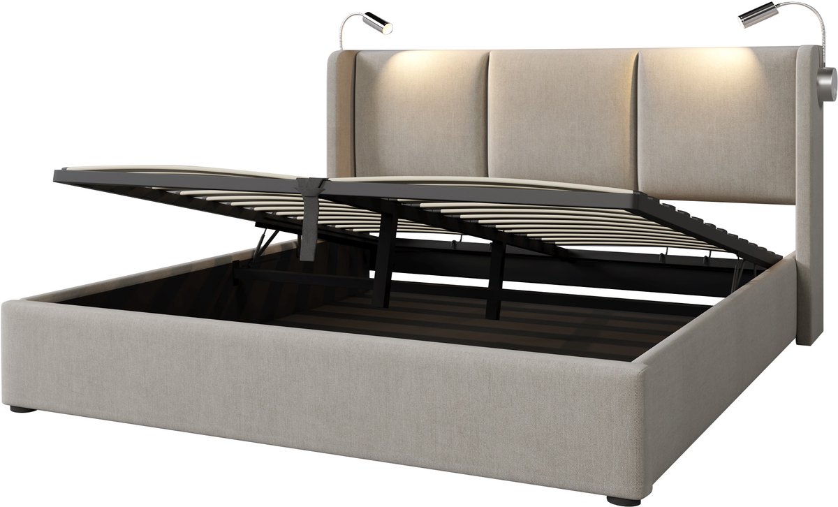 Gestoffeerd tweepersoonsbed met opbergruimte, bedframe, leeslampje met USB-oplaadfunctie, hoofdbord, opbergbed, linnen bedframe, kinderbed van 140x200 mm met lattenbodem (matras niet inbegrepen).