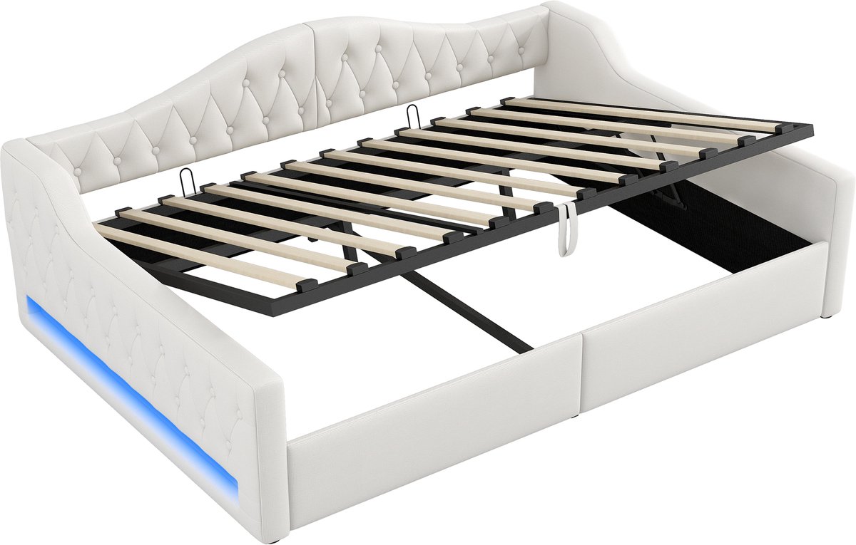 COVREO Bedbank 140x200 cm - beige, met opbergruimte en LED, zonder matras
