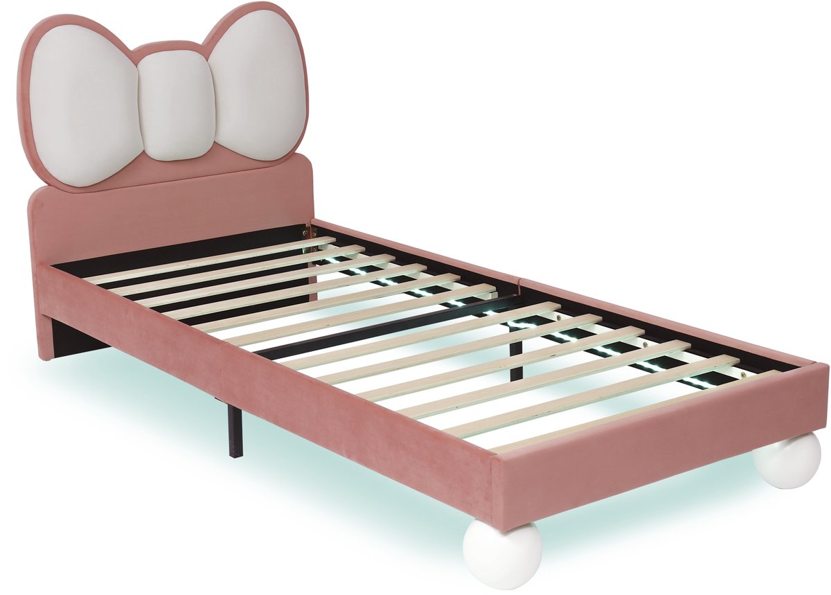 COVREO Kinderbed met strikhoofdbord – 208x94,5x97 cm – Eenpersoonsbed met LED-strip – Stof bedframe – Beige/roze - zonder matras