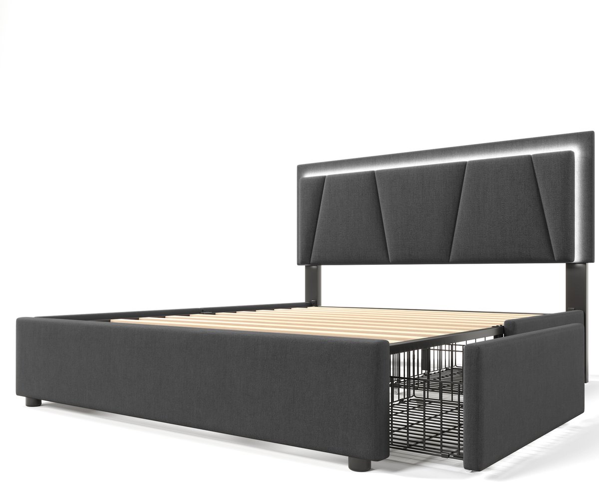 COVREO Bedframe 140x200 cm grijs met 4 lades en LED, zonder matras