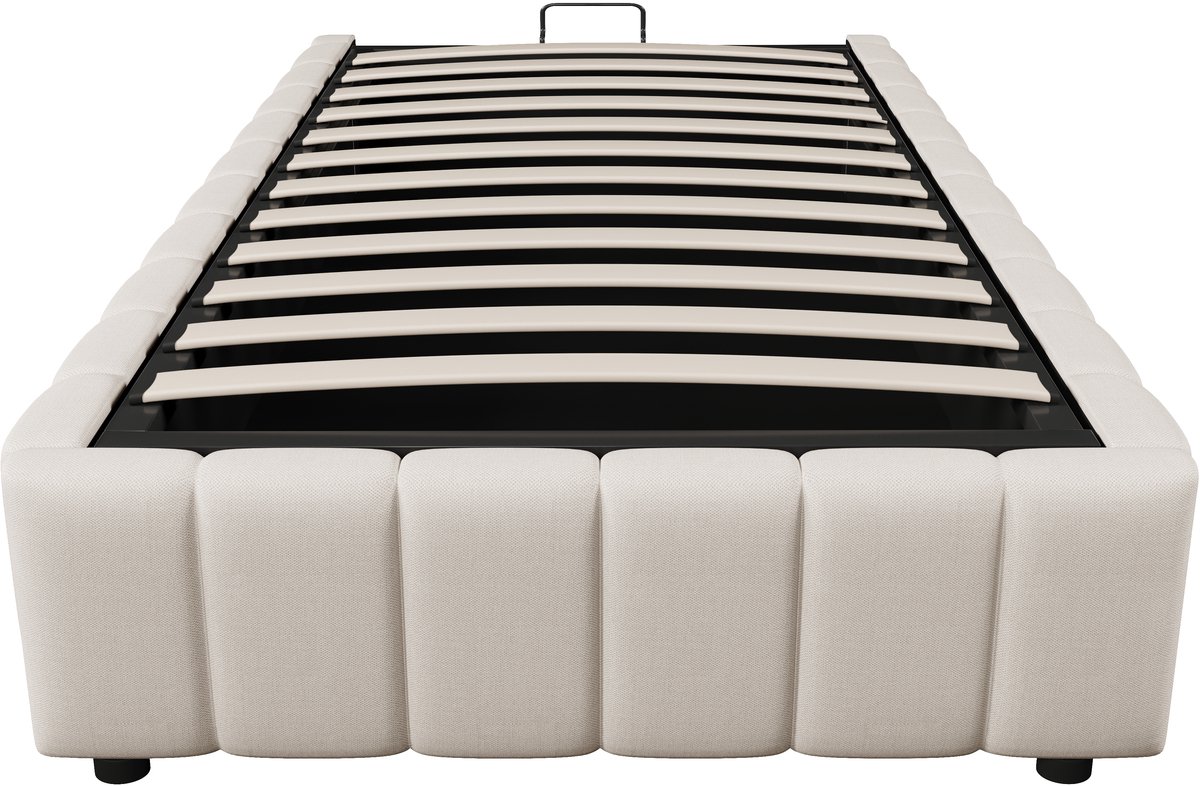 COVREO Bedframe 90x200 cm beige, stof en MDF, opbergruimte, zonder matras