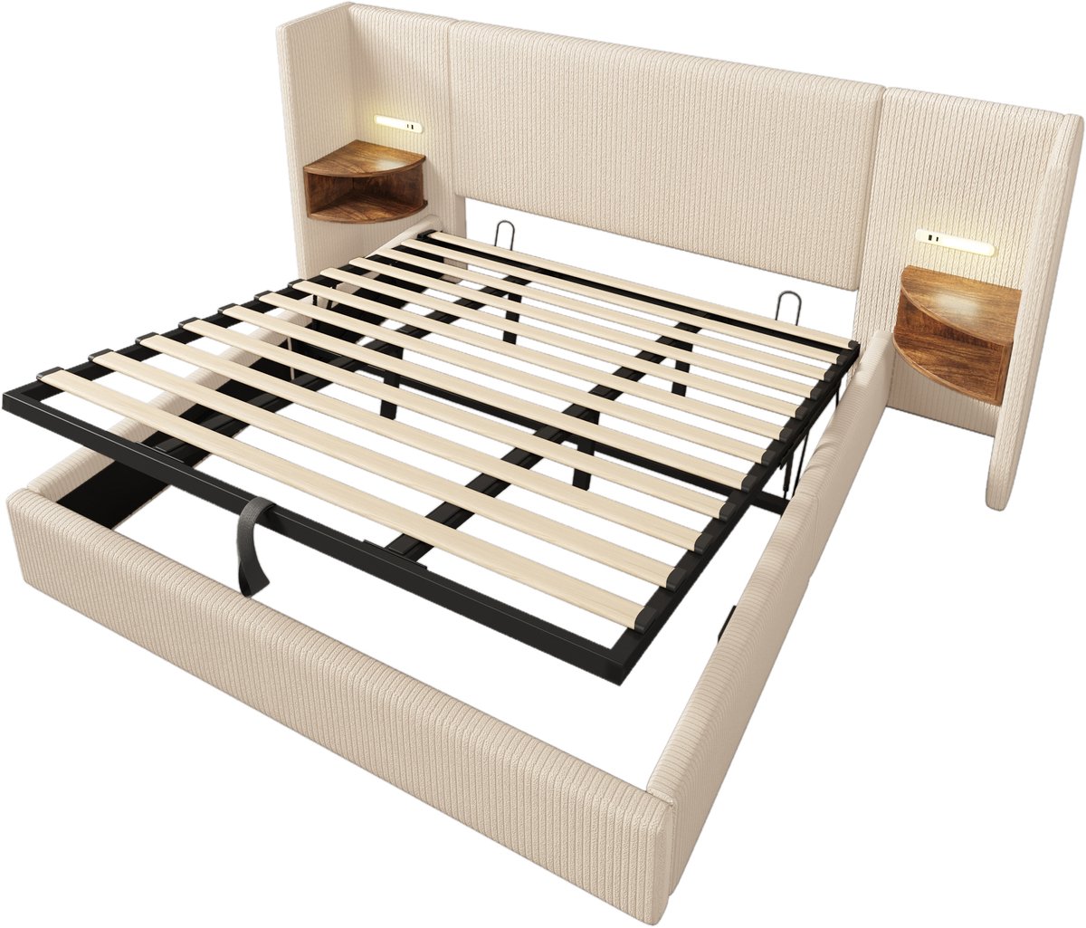 COVREO Tweepersoons bed 180x200 cm - met opbergruimte, leeslamp, USB en Type-C, beige-wit