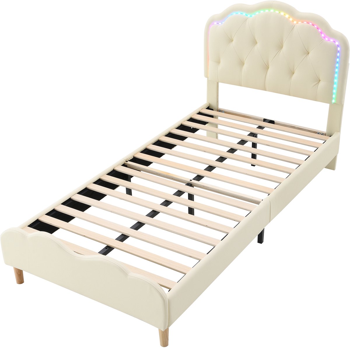 COVREO Bed 90x200 cm beige kunstleer met LED hoofdbord zonder matras