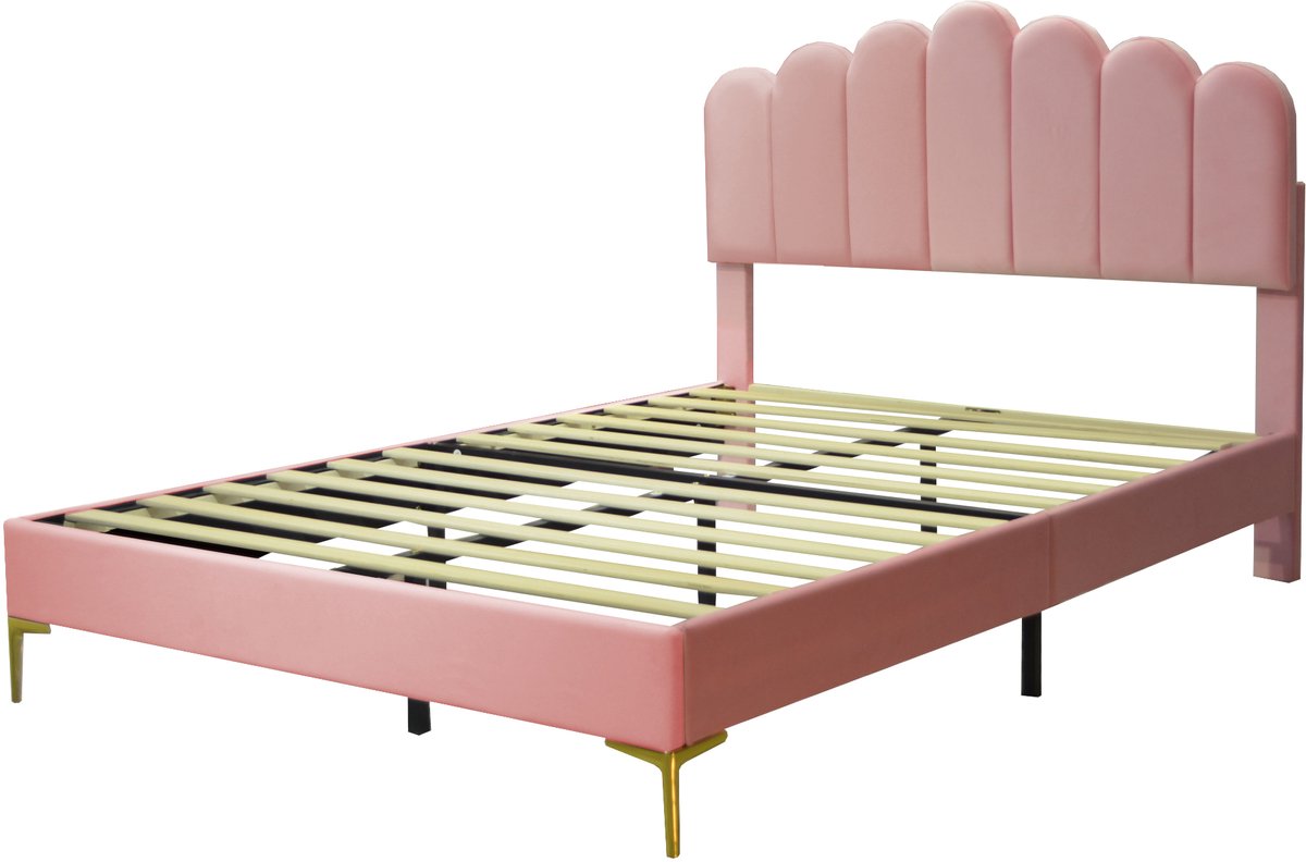 COVREO Bedframe 140x200 cm roze stof met lattenbodem zonder matras