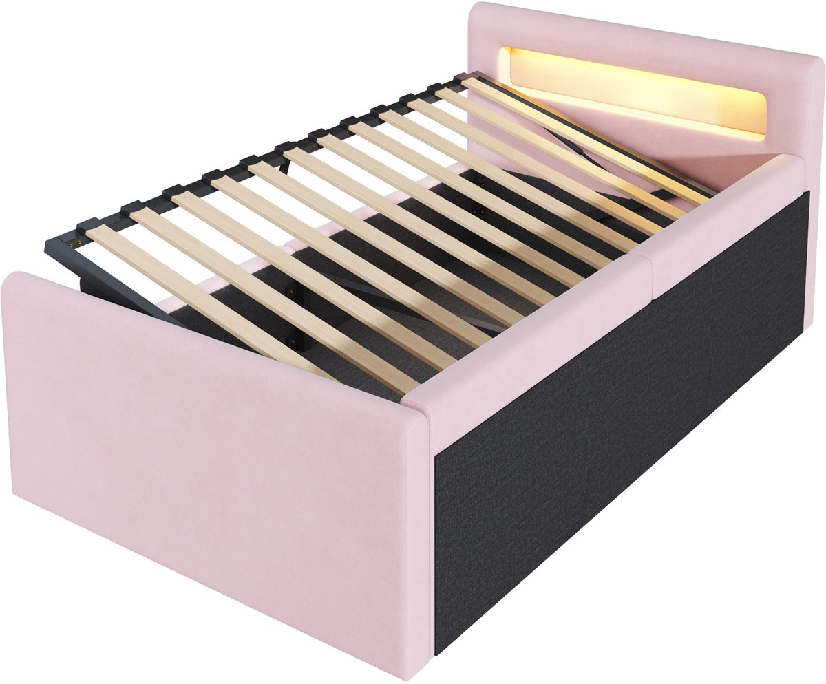 COVREO Kinderbed met LED en USB – 90x200 cm – Eenpersoonsbed met opbergruimte – Jeugdbed met zijleuning – Roze - zonder matras