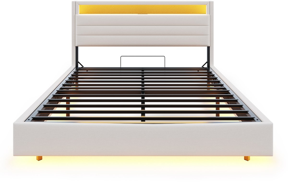 COVREO Bedframe 160x200 cm - beige stof, opslag, USB, zonder matras